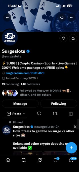 A screenshot of the X (Twitter) profile for 'Surgeslots' (@surgeslots), a crypto casino advertising a 300% welcome package and free spins, with 1.1K followers.