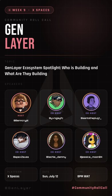 Promotional graphic for a GenLayer X Spaces event titled 'Community Roll Call,' focusing on the GenLayer Ecosystem Spotlight with host @Benncrypt and multiple co-hosts, scheduled for Sunday, July 12 at 8 PM WAT.