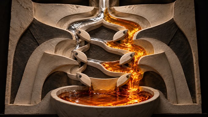 A digital artwork depicting two intertwining streams of liquid—one silver and one fiery orange—flowing through a series of ornate stone channels shaped like interlocking serpents, ultimately pooling in a basin below.