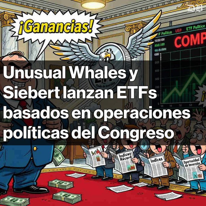 A cartoon-style image with Spanish text reading '¡Ganancias! Unusual Whales y Siebert lanzan ETFs basados en operaciones políticas del Congreso', depicting a businessman surrounded by people reading newspapers labeled 'Índices Récord' and 'Oportunidades de Inversión'.