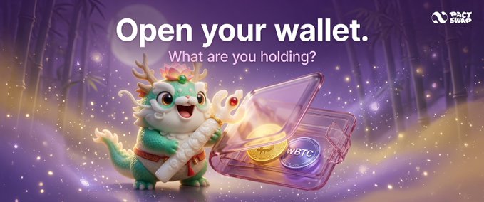 The image features a cartoon dragon with a green body and white head holding an open wallet that contains two coins inside. The background of the image is purple, and there are some trees visible as well. The caption below the image reads "Open your wallet. What are you holding? native BTC or packaged wBTC?".