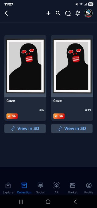 An identical mobile app screenshot to the previous image, displaying the 'Gaze' NFT collection with the same two items, badges, and interface elements.