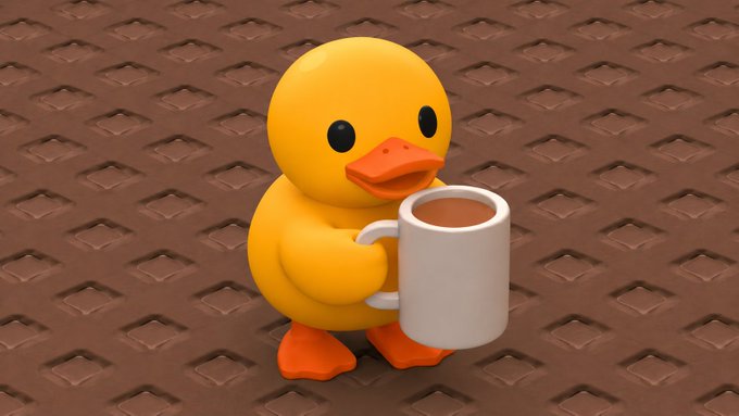A 3D-rendered yellow rubber duck with orange beak and feet holding a white mug filled with brown liquid against a textured brown patterned background.