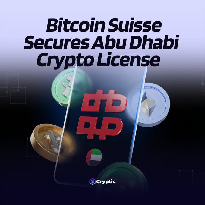 The image features the headline "Bitcoin Suisse Secures Abu Dhabi Crypto License" displayed over a graphic of a smartphone showing cryptocurrency coins (Bitcoin, Litecoin, and Ethereum) alongside the UAE flag and the Bitcoin Suisse logo, visually representing the company's regulatory approval from Abu Dhabi's FSRA to expand its crypto services in the UAE.