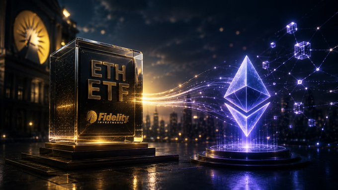 A digital illustration showing a glowing block labeled 'ETH ETF' with 'Fidelity Investments' branding alongside a holographic Ethereum diamond logo against a nighttime cityscape.