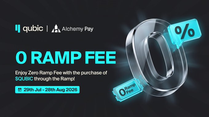 A promotional graphic for Qubic and Alchemy Pay advertising "0 RAMP FEE" with text reading "Enjoy Zero Ramp Fee with the purchase of $QUBIC through the Ramp!" valid from 29th Jul - 28th Aug 2026, featuring a large metallic "0" and a percentage speech bubble alongside a "Ramp Fee" ticket illustration.