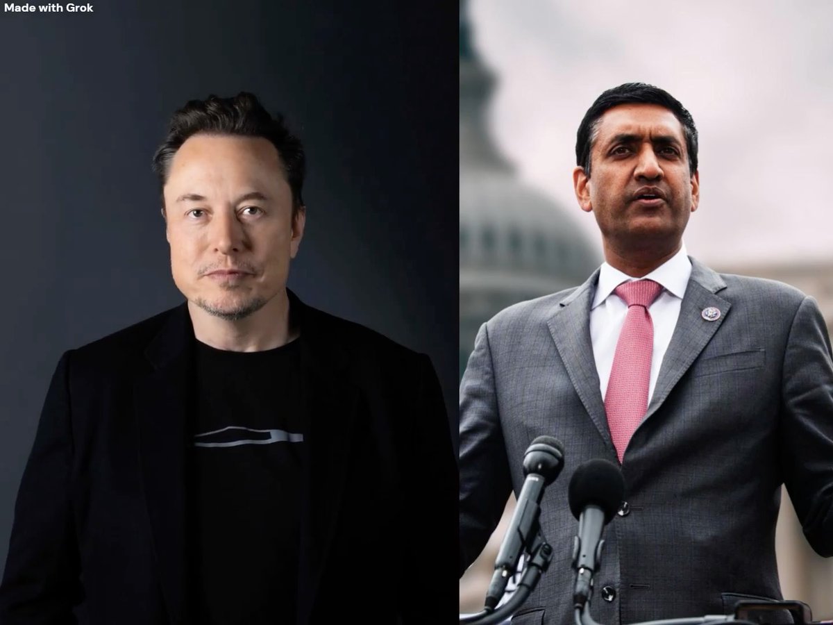 The image shows a side-by-side of Elon Musk in a black shirt and jacket on the left, and a man in a gray suit with a pink tie speaking at a podium with the U.S. Capitol in the background on the right. The image appears to relate to Musk's dispute over DOGE spending cuts claims, with the official-looking figure potentially representing a political figure involved in the accusations Musk is addressing.
