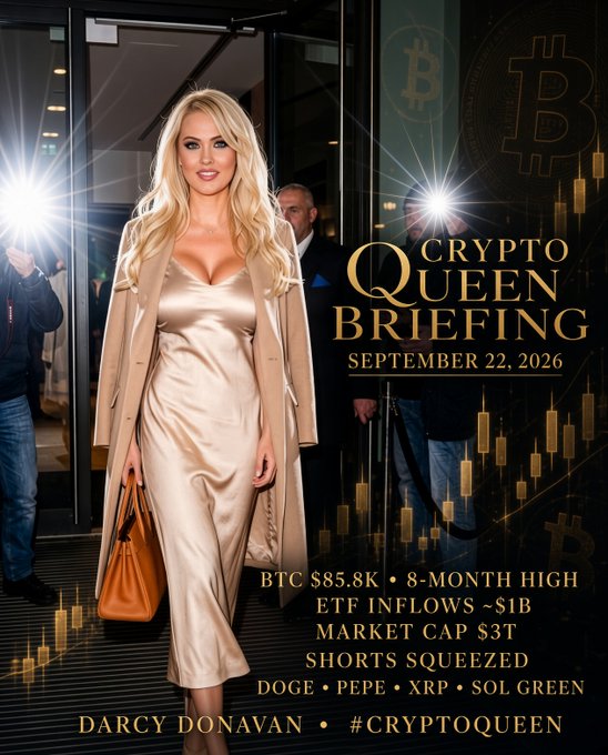 A promotional graphic titled 'CRYPTO QUEEN BRIEFING SEPTEMBER 22, 2026' featuring a blonde woman in a satin dress, with text about BTC at $85.8K, 8-month high, ETF inflows ~$1B, Market Cap $3T, and mentions of DOGE, PEPE, XRP, and SOL by Darcy Donavan.