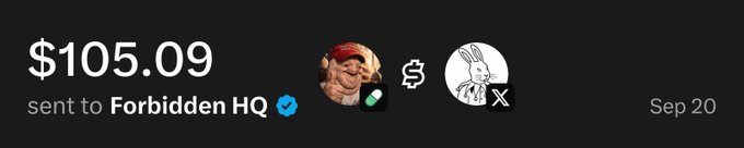 The image shows a transaction notification displaying $105.09 sent to "Forbidden HQ" (with a verified checkmark), featuring a profile picture of a "Magatard" meme character alongside a bunny icon marked with an "X," dated Sep 20. The image directly illustrates the creator fees the poster mentions receiving from a coin based on their Magatard meme, which they plan to use for AI credits.