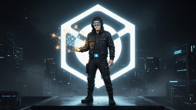 A futuristic soldier wearing a black tactical outfit and goggles stands in front of a glowing hexagonal logo, holding a holographic display in a cyberpunk city setting.
