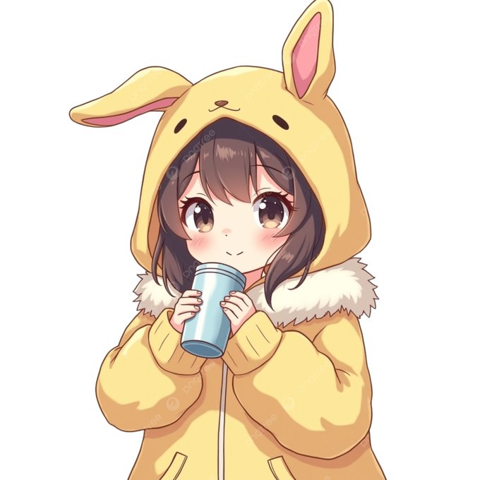 The image features a young girl wearing a yellow bunny costume, holding a blue cup with both hands while standing against a white background. The girl appears to be drinking from the cup, possibly enjoying her time or participating in an event related to the cartoon character she is dressed as.