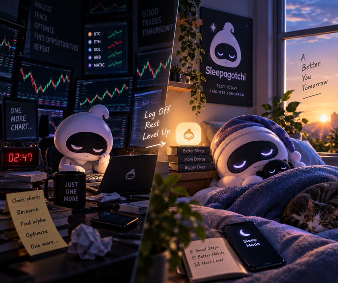 A promotional graphic for 'Sleepagotchi' showing a split scene of a character working at a trading desk with crypto charts (BTC, ETH, SOL, ARB, MATIC) on the left and sleeping peacefully on the right with the tagline 'A Better You Tomorrow.'
