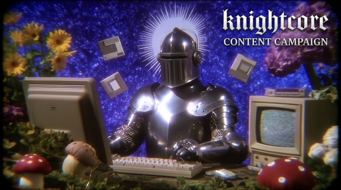 The image features a suit of shining knight armor seated at a retro computer setup with a vintage monitor and keyboard, surrounded by mystical mushrooms, flowers, and floating floppy disks against a starry cosmic backdrop. The text "knightcore CONTENT CAMPAIGN" appears in the top right, tying into the post's invitation to join the Knightcore realm and earn rewards for content creators on Shillz.