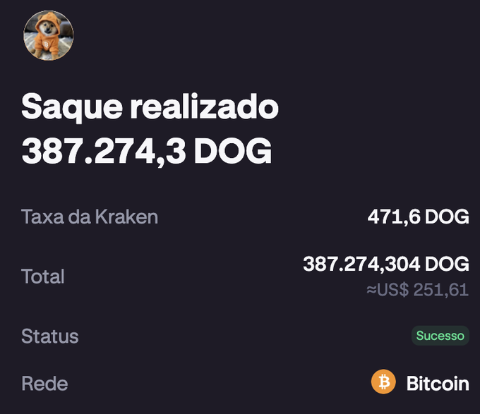 The image shows a post on social media with a picture of a dog wearing an orange shirt. The caption reads "Sagué realeizado 37,27,3 DOG Táxa da kraken total $DOG $US 25,61". This post is about a dog and its owner who are selling dogs for money on the internet.