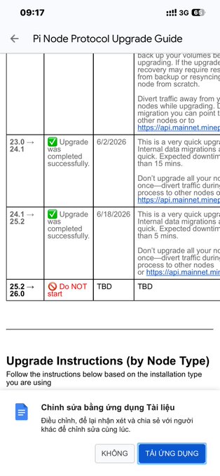 The image shows a Pi Node Protocol Upgrade Guide displaying version history, with V23.0→24.1 (6/2/2026) and V24.1→25.2 (6/18/2026) successfully upgraded, while V25.2→26.0 is marked "Do NOT start" with TBD dates. The screenshot supports the post's questioning about when PIDEX/V26 will launch, as the protocol upgrade to enable it has yet to be released to node operators.
