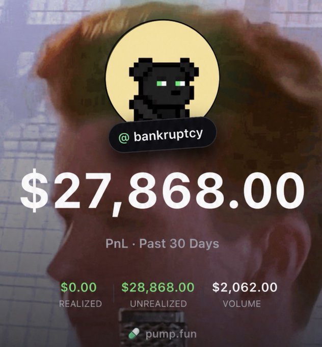 A Pump.fun PnL screenshot showing the account @bankruptcy with $27,868.00 past 30 days ($0.00 realized, $28,868.00 unrealized, $2,062.00 volume), overlaid on a person's face.