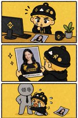 A cartoon character in a black cap sits at a desk with a computer displaying a Bitcoin logo and an SD card, then holds up a photo of a smiling woman with Chinese text "爆笑时刻" (Hilarious Moment) while the character later points to a note labeled "导师" (mentor), illustrating an intern's onboarding journey as referenced in the post about "intern Summer."