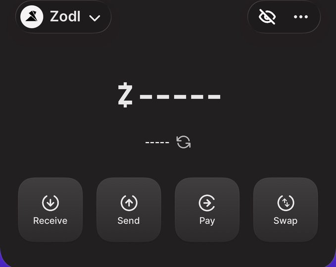 A screenshot of a crypto wallet app called Zodi showing a masked account address, with four buttons labeled Receive, Send, Pay, and Swap.