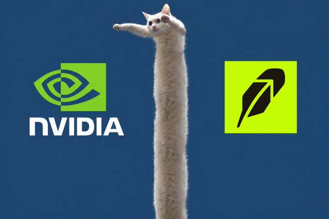 The image features the famous "Long Cat" meme—an absurdly elongated white cat stretched vertically—standing between the NVIDIA logo and a feather/pen icon, referencing the post's playful pun of "longing" $NVDA with 3x leverage on the "long launchpad."