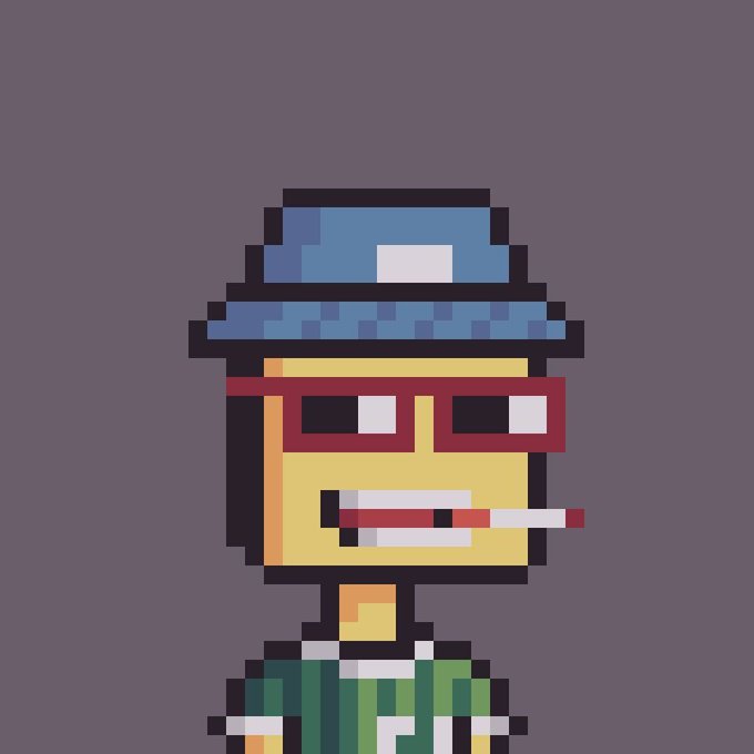Pixel art style illustration of a character with a yellow square face, blue hat, red sunglasses, a cigarette in mouth, and green overalls on a purple background.