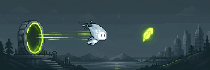 A pixel art scene shows a ghost-like UFO emerging from a glowing green portal on the left, shooting a green laser beam at a glowing yellow leaf-like icon on the right, set against a dark nightscape with a city skyline and bridge. The image ties into the giveaway post by visually representing Mixel's chaotic, otherworldly launch onto Robinhood Chain, with the portal symbolizing entry into the giveaway and the glowing token likely representing the prize being awarded to 15 winners.