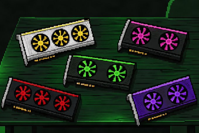 Five colorful graphics cards with glowing fans in yellow, pink, green, red, and purple rest on a dark wooden surface.