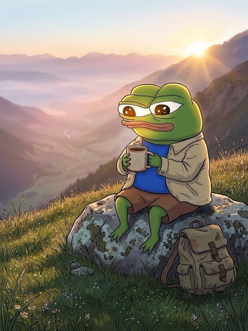 A cartoon Pepe the Frog sits on a mossy rock at sunset, holding a mug and gazing out over misty mountain valleys with his backpack resting beside him—capturing the chill, contemplative vibe of a "GM frens" post celebrating gold's rally while crypto (digital gold) takes a hit.