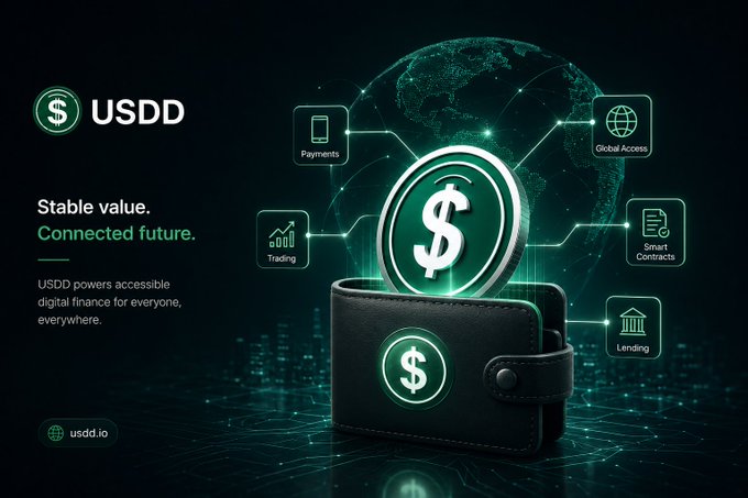 A promotional graphic for USDD stablecoin ("Stable value. Connected future.") showing a wallet with a dollar symbol and icons for Payments, Global Access, Trading, Smart Contracts, and Lending, with website usdd.io.