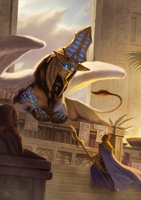 A fantasy illustration depicting a sphinx-like creature with wings and an Egyptian headdress looking down at a small robed figure holding a staff in a temple setting.