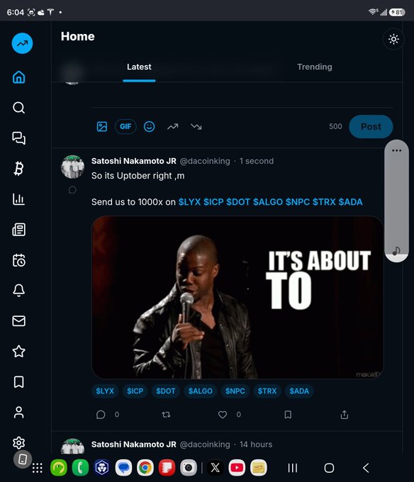 A mobile app screenshot shows a Home feed with a post by Satoshi Nakamoto JR (@dacoinKing) with the text 'Send us to 1000x on $LYX $ICP $DOT $ALGO $NPC $TRX $ADA' above an image of Dave Chappelle with 'IT'S ABOUT TO' visible.