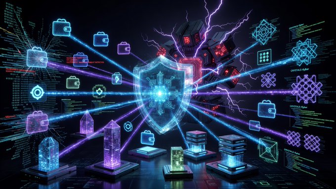 Stylized digital artwork depicting a glowing shield at the center connected by colorful laser beams to various holographic icons including cameras, folders, and crystalline structures against a dark background with lightning.