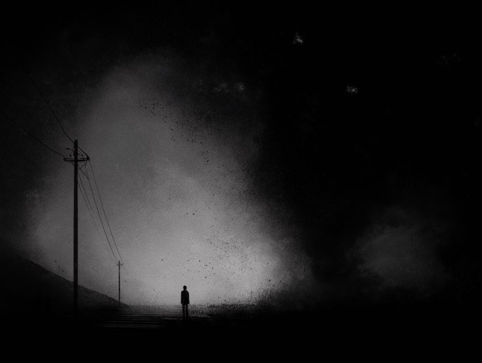A lone figure stands silhouetted on a desolate road beneath a phone line, surrounded by encroaching darkness — visually echoing the piece's title, "Darkness Closing In," with the surrounding gloom and the small, isolated figure conveying a sense of being swallowed by shadow.