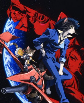 Anime-style artwork featuring a cat-like humanoid in a blue suit standing confidently on a red mechanical structure in space, with red-tinted character portraits looming in the background.