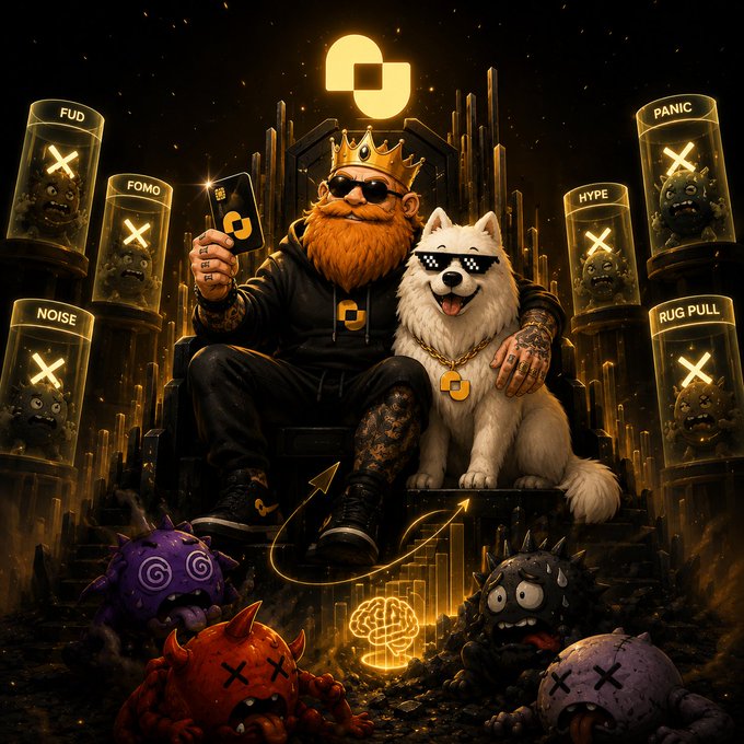 A crowned, bearded figure wearing sunglasses sits on a throne flanked by a dog in pixel sunglasses, holding up a smartphone displaying the "Q" logo, while surrounded by menacing "FUD," "FOMO," "HYPE," "PANIC," "RUG PULL," and "NOISE" creatures—visually capturing the post's "Good vs Evil" theme of fighting against crypto's worst market forces with humor.