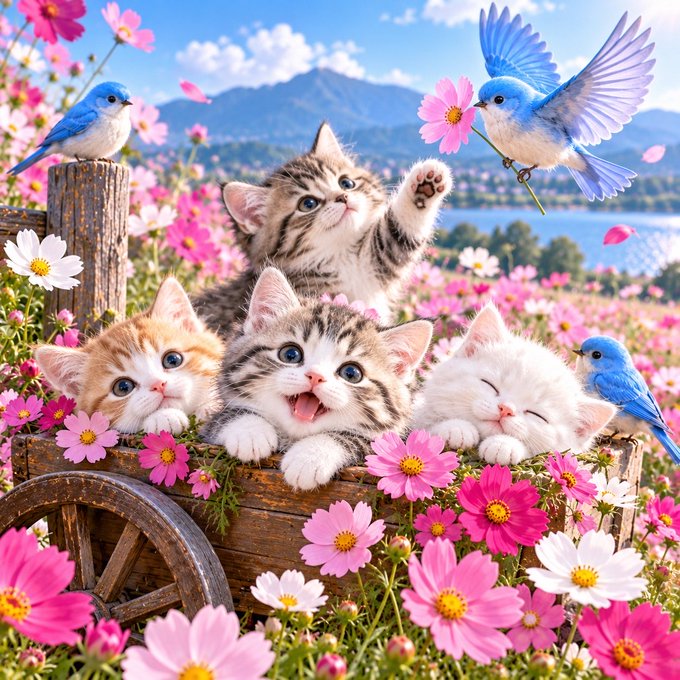 AI-generated illustration of adorable kittens in a wooden cart surrounded by pink cosmos flowers, with bluebirds perched nearby and a lake in the background.