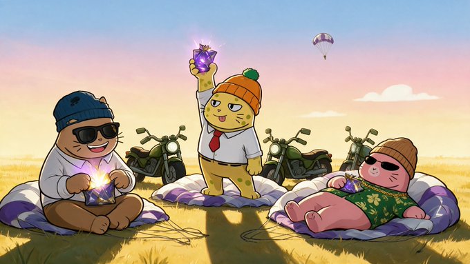 A colorful cartoon illustration showing three characters (a bear with sunglasses, a cat in an orange beanie holding a purple gem, and a pig in a Hawaiian shirt) lounging on cushions in a grassy field with motorcycles parked behind them under a sunset sky.