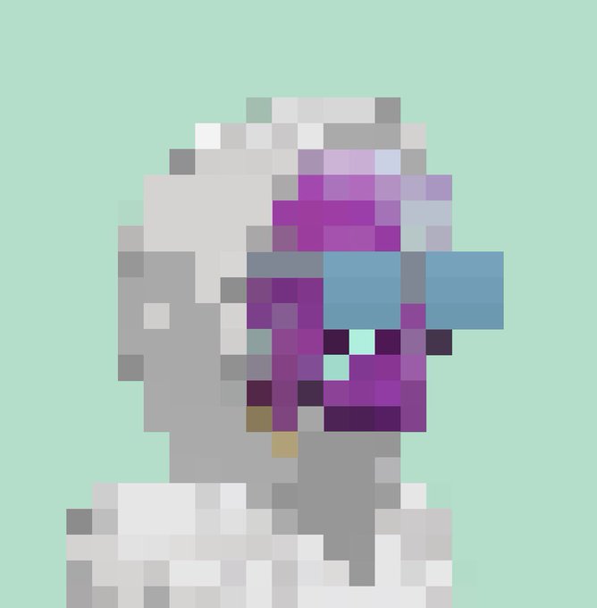 A pixelated bust of a grey-skinned character wearing a blue and purple futuristic VR headset or mask with a dripping, colorful visor, against a mint green background.
