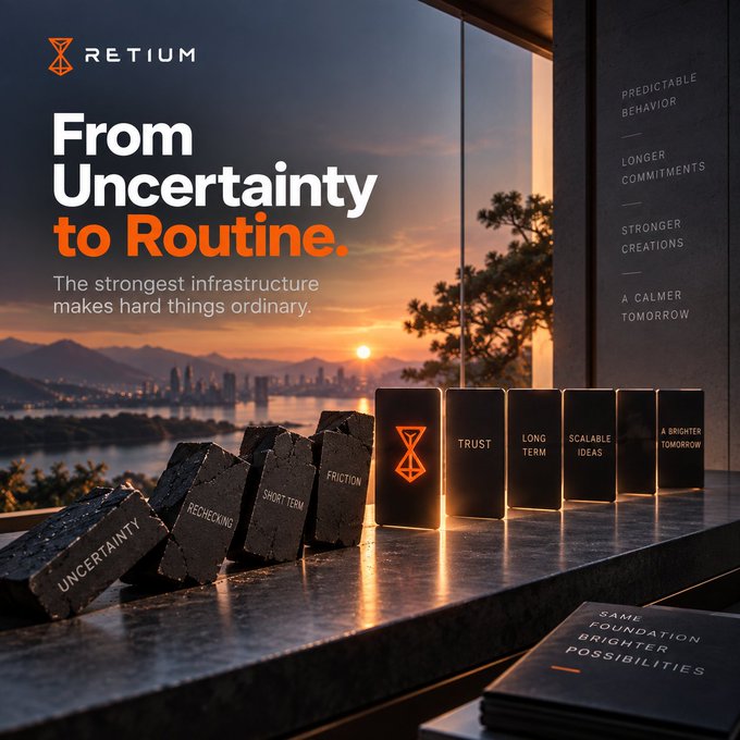 An advertisement for RETIUM featuring the tagline 'From Uncertainty to Routine. The strongest infrastructure makes hard things ordinary.' It depicts dominoes labeled 'Uncertainty,' 'Rechecking,' 'Friction,' and 'Short Term' being toppled toward upright blocks labeled 'Trust,' 'Long Term,' 'Scalable Ideas,' and 'A Brighter Tomorrow.'