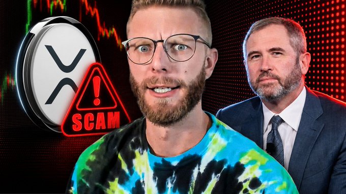 A YouTube thumbnail featuring a man with glasses and a beard in a tie-dye shirt, alongside the XRP logo, a red 'SCAM' warning sign, and another man in a suit, with a red stock chart background.