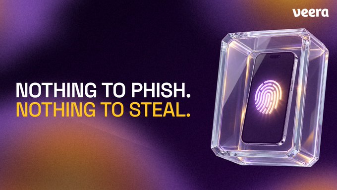 A promotional graphic for Veera features a smartphone with a glowing purple fingerprint icon encased in a transparent security box against a dark gradient background, with the tagline "NOTHING TO PHISH. NOTHING TO STEAL." displayed prominently alongside the Veera logo. The image visually reinforces the post's message about security threats from malicious browser extensions by illustrating how Veera's biometric authentication and hardware-backed key storage protect users' assets from phishing attacks and seed phrase theft.