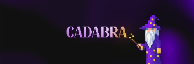 A pixel art banner with a dark purple background displays the word "CADABRA" in purple and yellow text alongside a wizard character in a purple robe and hat holding a wand.