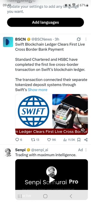 A mobile screenshot shows a BSC News tweet announcing that Swift's blockchain ledger has cleared its first live cross-border bank payment between Standard Chartered and HSBC, with the post receiving 96 likes and 11.5K views. This relates to the user's inquiry about whether Linea is involved in Swift payments, as the announcement of a major traditional banking milestone using blockchain technology prompts speculation about which L2 network handles the settlement layer.