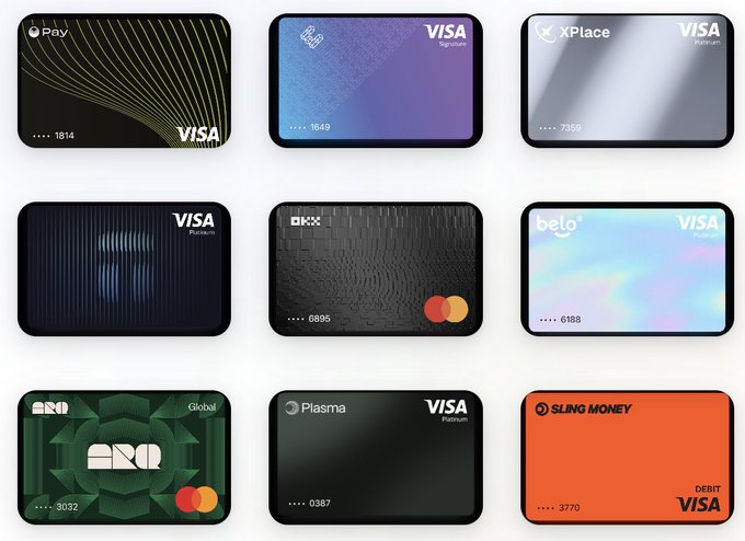 The image features a collection of nine different Visa cards displayed against a white background. Each card has its own unique design, showcasing various colors and patterns. The cards are arranged in a grid-like pattern with three rows and three columns, providing an organized and visually appealing display for viewers to compare the different designs and features of each card.