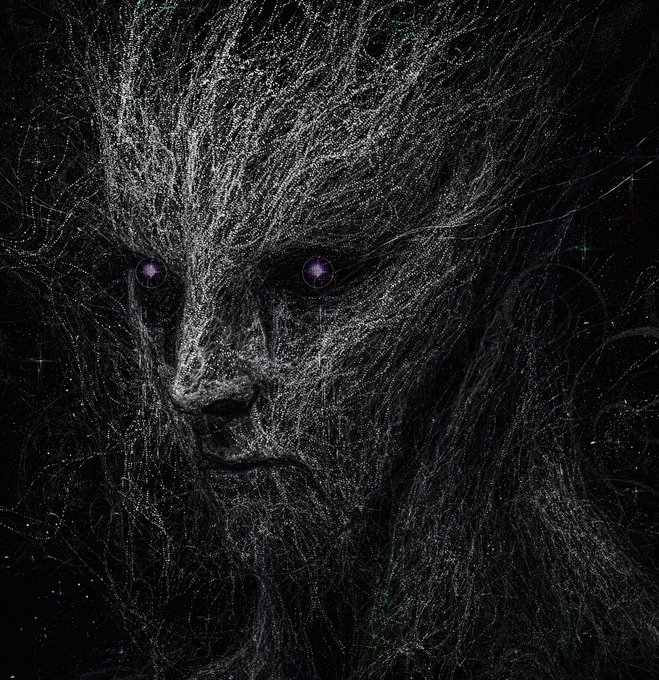 A dark, ethereal artwork of a lion's face formed from swirling starry lines and cosmic dust against a black background, with glowing purple eyes.
