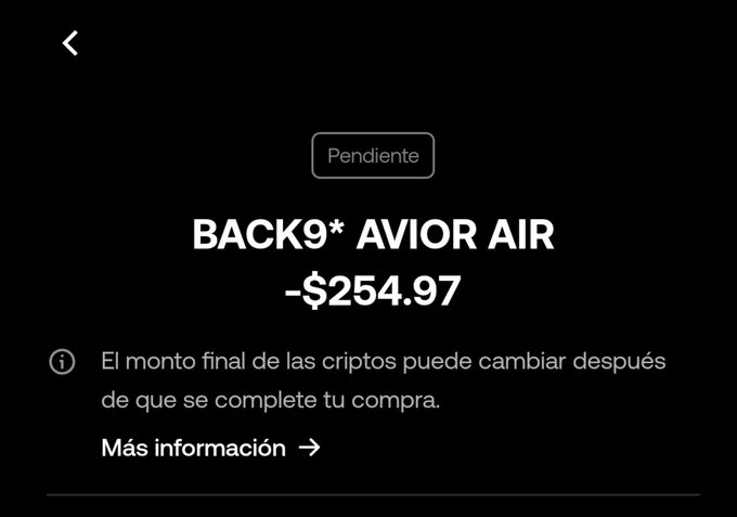 The image shows a pending transaction on OKX for $254.97 charged to "BACK9* AVIOR AIR," confirming the user's claim of paying for an Avior Air flight installment using their OKX card.