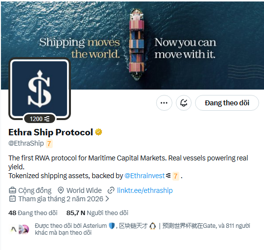 A Twitter/X profile page for 'Ethra Ship Protocol' (@EthraShip), describing itself as 'The first RWA protocol for Maritime Capital Markets' with 85.7K followers.