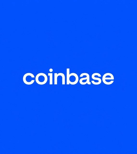 The Coinbase logo is displayed in white text against a blue background, representing the company's role as Webull's crypto infrastructure provider in Canada.