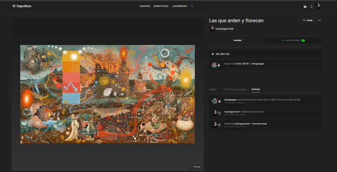 A SuperRare NFT marketplace page showing the artwork 'Las que arden y florecen' by luciagaravaglia, listed with a 'Buy Now 50e' option and activity history.