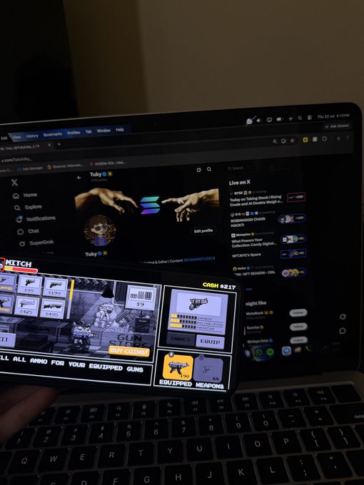 A laptop screen displays the X (Twitter) timeline, while a smartphone in the foreground shows a 'GUN STARS' game interface with equipped weapons.