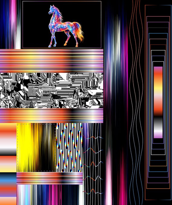 A digital art collage featuring a vibrant, iridescent horse on a black background at the top, surrounded by abstract glitch art elements, metallic textures, and colorful vertical streaks.